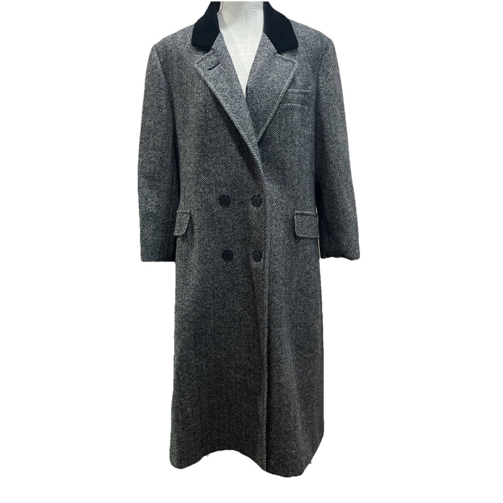 VINTAGE Loring 100% Wool Coat Black Herringbone Women's Size L/XL Made in USA